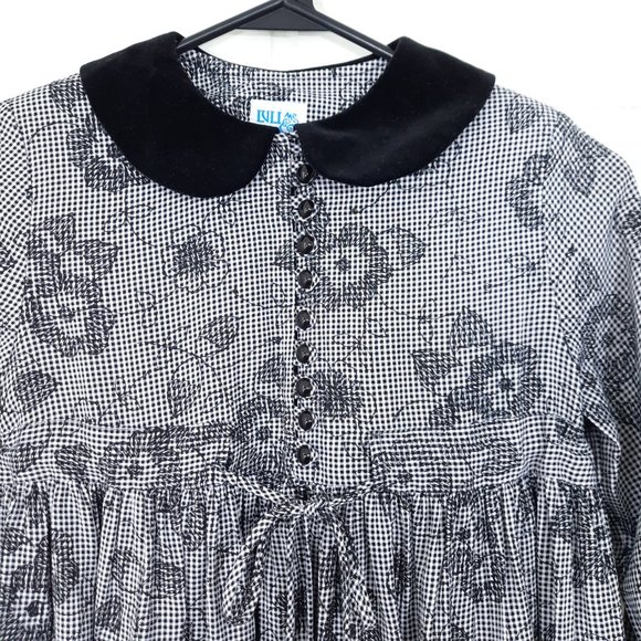 Vintage Luli & Me Black Floral Embroidered Gingham Long Sleeve Pleat Dress 8 - Picture 3 of 6